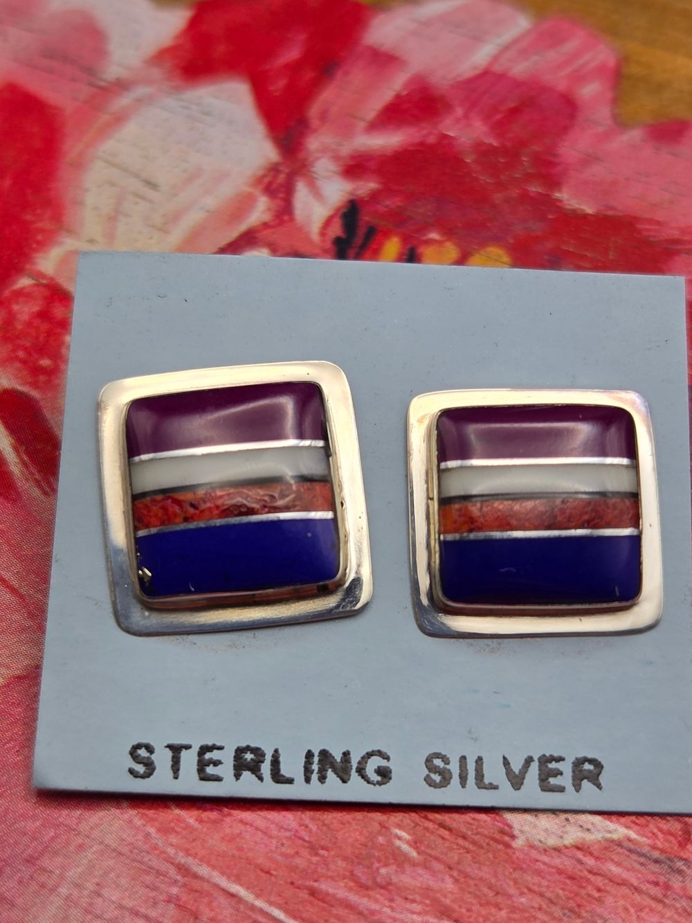 Sterling Silver Multi Stone Square Inlay Earrings DD
